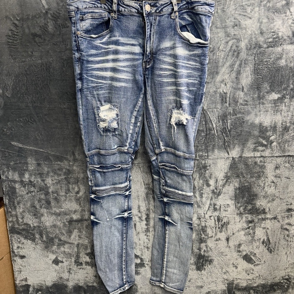 Mens Rue21 Jean Size 36/32 Premium Stacked Skinny Patch Distressed 168